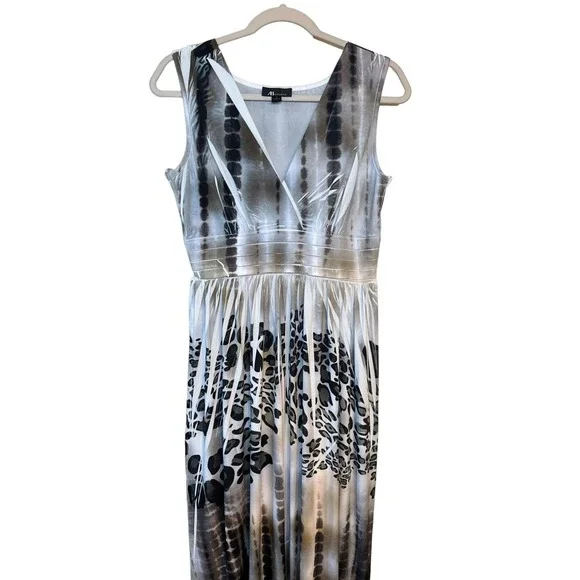 AB Studio Maxi Dress Grey Animal Print Sleeveless V-Neck Empire Waist 6 Women - Picture 3 of 5